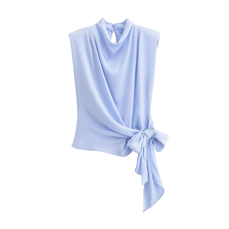 Satin Bow Tie - YENKYE Fashion Nowa Damska Jasnoniebieska Bluzka