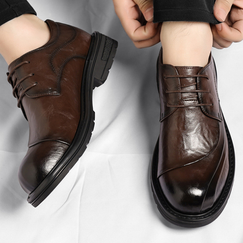 Formal Wear For Men In Wedding - Brązowe, postarzane, skórzane, sznurowane buty na