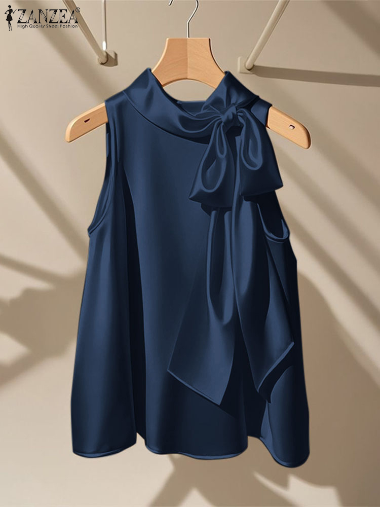 Satin Bow Tie - ZANZEA Eleganckie bluzki z kokardą Topy