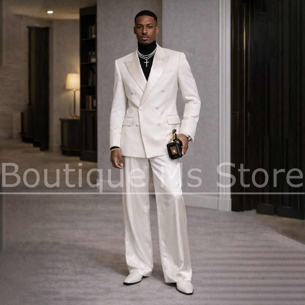 Formal Wear For Men In Wedding - Męski biały satynowy garnitur dwuczęściowy dwurzędowy
