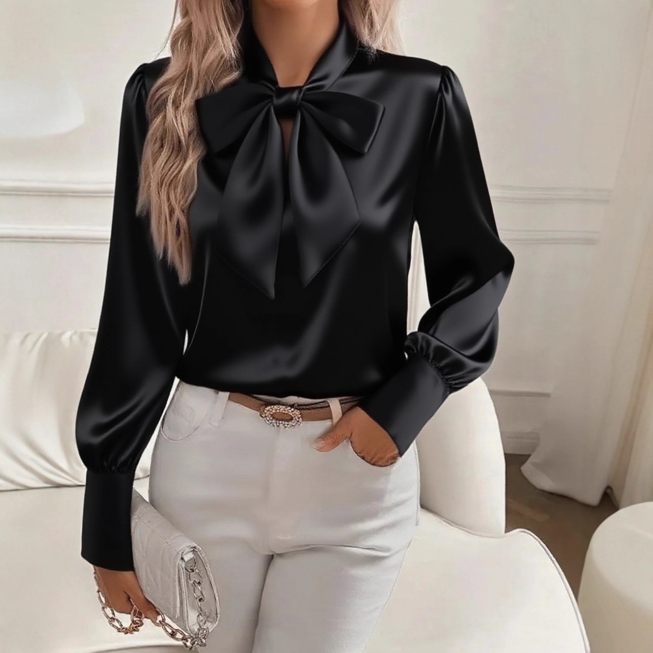 Satynowa bluzka z kokardą przy – Satin Bow Tie recenzja i cena
